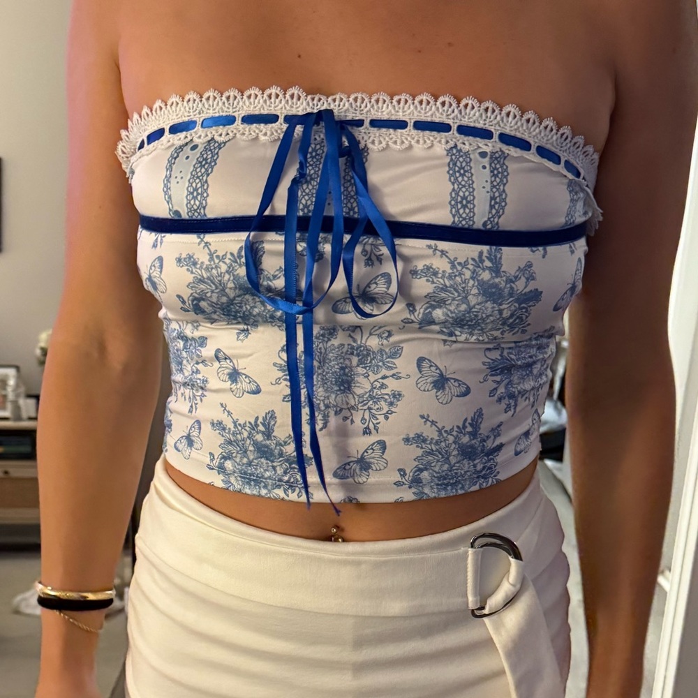White & Blue Floral Strapless Crop Top